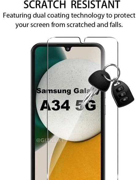 Samsung A34 5G med härdat glas och nycklar i fokus, visar skärmskyddets funktionalitet