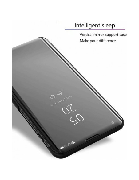 Närbild av Samsung A34 5G Flipfodral med spegelvisning och tid