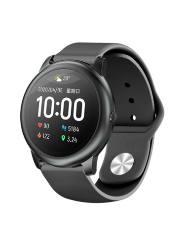 Svart silikonarmband i 22mm monterat på en smartwatch, visande skärm och detaljer