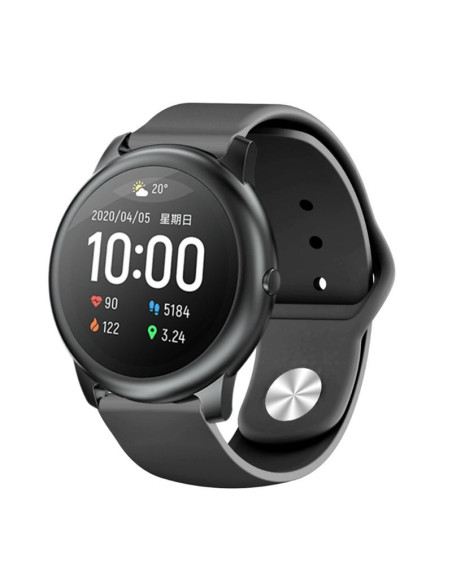 Svart silikonarmband i 22mm monterat på en smartwatch, visande skärm och detaljer