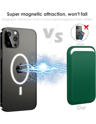 MagSafe korthållare i svart konstläder med stark magnetisk attraktion, visad med iPhone