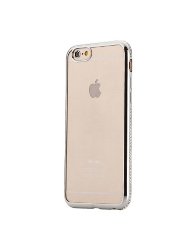 iPhone 8 skal i transparent TPU med strass, sedd från sidan med fokus på kanten