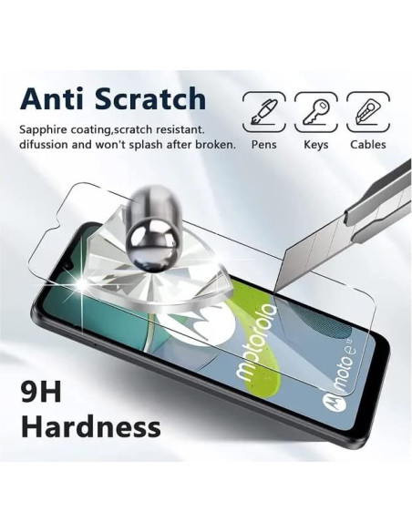 Närbild av härdat glas med repbeständig yta och skärmskydd för Motorola Moto E13