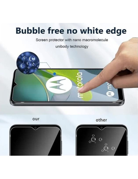 Detaljvy av härdat glas med bubblfri applicering på Motorola Moto E13