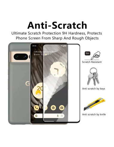 Närbild på härdat glas för Google Pixel 7a med fokus på 9H hårdhet och anti-rep egenskaper