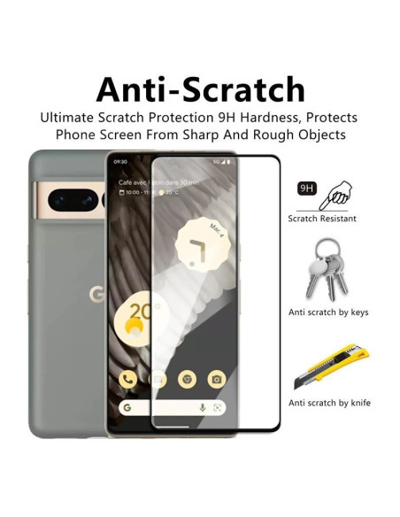 Närbild på härdat glas för Google Pixel 7a med fokus på 9H hårdhet och anti-rep egenskaper