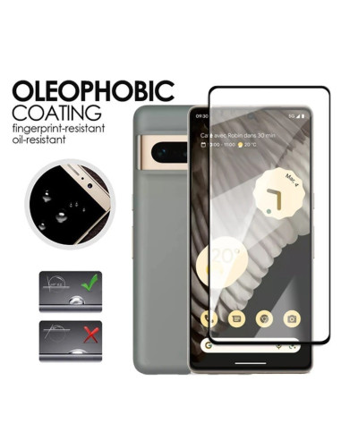 Detaljvy av härdat glas för Google Pixel 7a med oleofobisk beläggning och skärmvisning