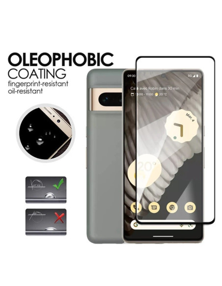 Detaljvy av härdat glas för Google Pixel 7a med oleofobisk beläggning och skärmvisning