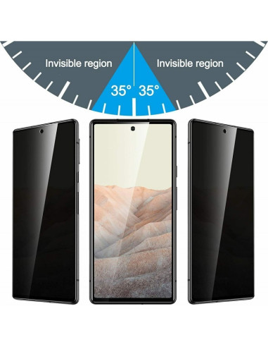 Privacy härdat glas för Google Pixel 7a, visat från sidan med insynsskydd i olika vinklar