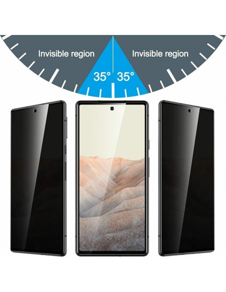 Privacy härdat glas för Google Pixel 7a, visat från sidan med insynsskydd i olika vinklar