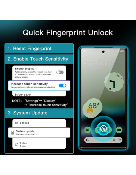 Google Pixel 7a med härdat glas, visande appgränssnitt och inställningar för fingeravtryck