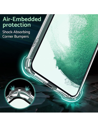 Närbild av transparent skal för Samsung S21 som visar stötdämpande hörn och detaljerad design