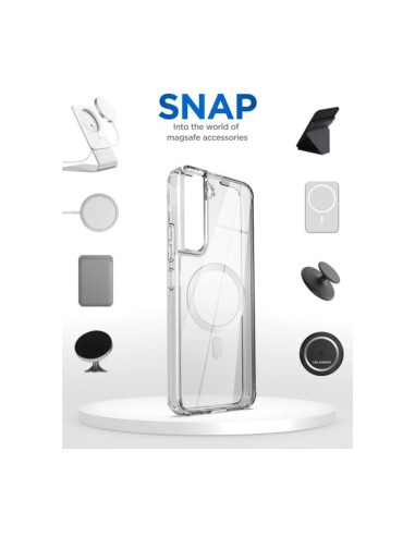 Transparent skal för Samsung S21 med MagSafe, visat i en produktpresentation med tillbehör