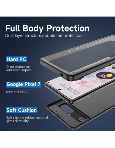 Detaljvy av svart heltäckande vattentätt skal för Google Pixel 7, med fokus på dubbla lager och skyddande funktioner