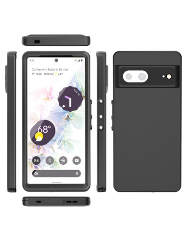 Svart heltäckande vattentätt skal för Google Pixel 7, visat med telefonen monterad framifrån