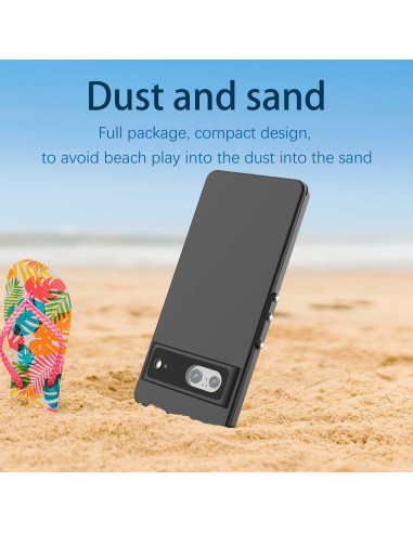 Svart heltäckande vattentätt skal för Google Pixel 7, visat på sandig strand med fokus på design och knappar