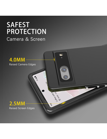 Detaljvy av svart heltäckande vattentätt skal för Google Pixel 7, med fokus på kamerakantens höjd