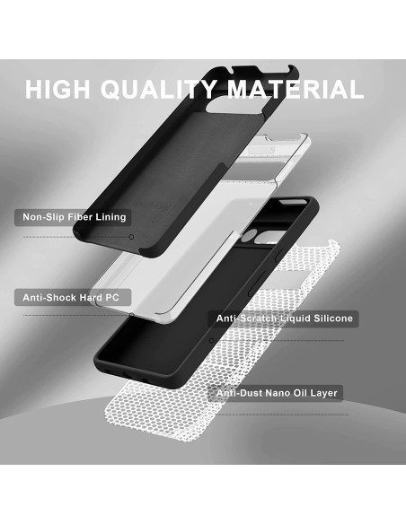 Översikt av mattsvart silikon skal för Google Pixel 7a med detaljer om material och konstruktion