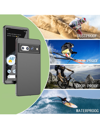 Google Pixel 7 Pro med svart vattentätt skal i en miljö som visar skydd mot olika element