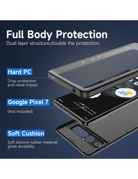 Detaljvy av det heltäckande svarta skalet för Google Pixel 7 Pro med fokus på skyddande lager