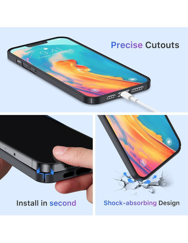 Framifrån vy av mattsvart skal för iPhone 14 Pro Max med fokus på skärmskydd och kamerautskärningar