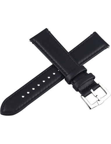 Svart klockarmband i PU-läder med stålspänne, sett uppifrån