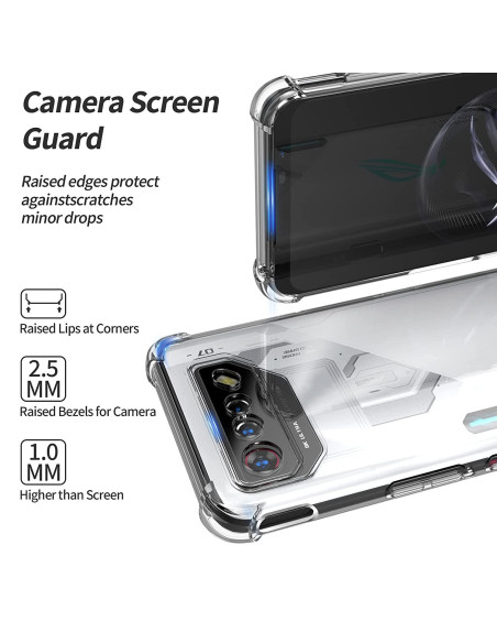 Detaljvy av stöttåligt skal för Asus Rog Phone 7 med förstärkta hörn och skydd för kameran
