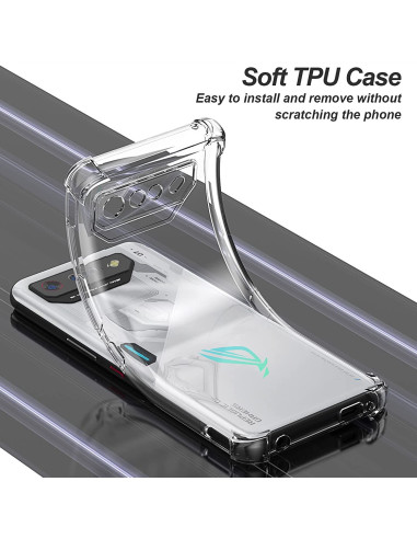 Asus Rog Phone 7 skal i transparent TPU, visat framifrån med fokus på kamerautskärning