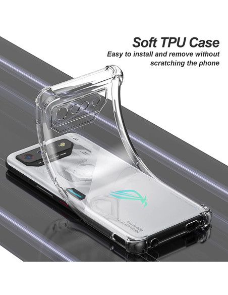Asus Rog Phone 7 skal i transparent TPU, visat framifrån med fokus på kamerautskärning
