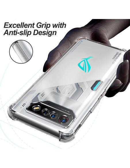 Närbild av Asus Rog Phone 7 skal i transparent TPU med fokus på anti-glid design och förstärkta hörn