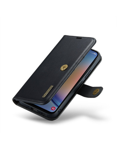 Mobilplånbok i svart konstläder för Samsung A14 5G/4G med stängd flik och telefon synlig