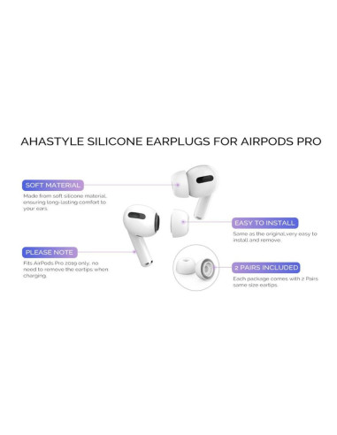 Öronproppar i silikon för Airpods Pro, visade i tre storlekar och monterade på hörlurar