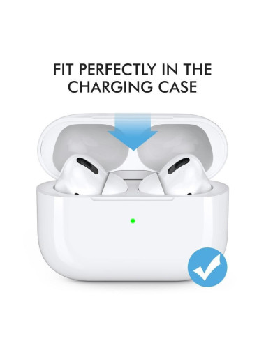 Öronproppar till Airpods Pro i laddningsfodral, visar perfekt passform