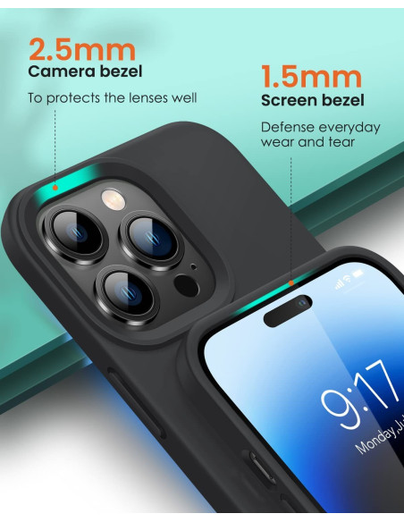 Närbild av mattsvart silikon skal för iPhone 14 Pro Max med fokus på kamerautskärning och skärmskydd