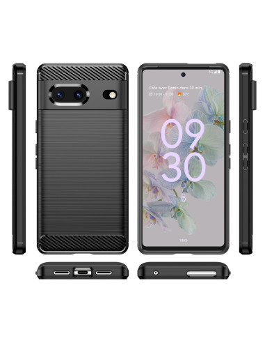 Google Pixel 7a SlimCarbon-skal i helvy med telefon insatt, visar framsidan och baksidan