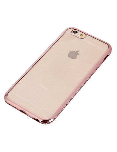 iPhone 8 skal i transparent TPU med strass, sedd från sidan med fokus på framsidan