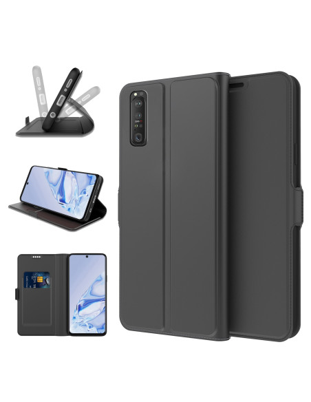 Svart flipfodral för Sony Xperia 10 IV med kortfack, öppet och stängt