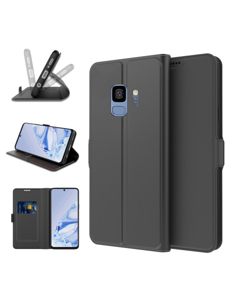 Svart flipfodral för Samsung S9 med kortfack, visat från sidan och öppet