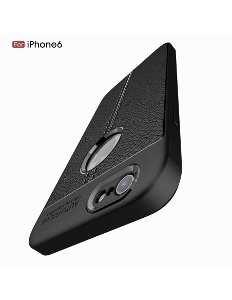 Svart LeatherBack-skal för iPhone 6/6S, visat snett framifrån med fokus på kamerautskärning