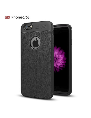 Svart LeatherBack-skal för iPhone 6/6S, visat framifrån med telefon inuti och blommotiv på skärmen