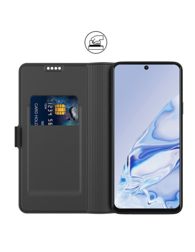 Öppet svart flipfodral för Samsung A52 med kortfack och telefon synlig från sidan