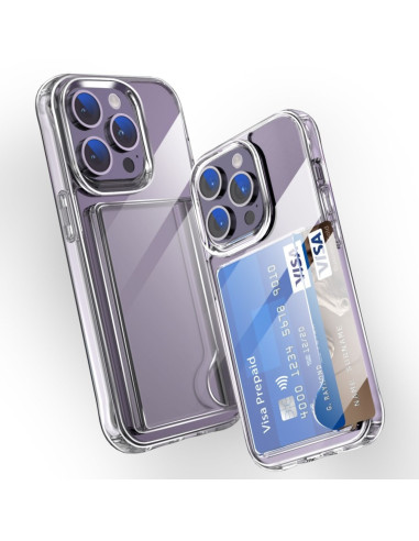 iPhone 12 Pro Max skal med kortfack, sett från sidan med kort synligt och transparent design