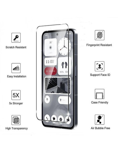 Detaljvy av härdat glas för Nothing Phone 2, visar skärmskyddets funktioner och hög transparens