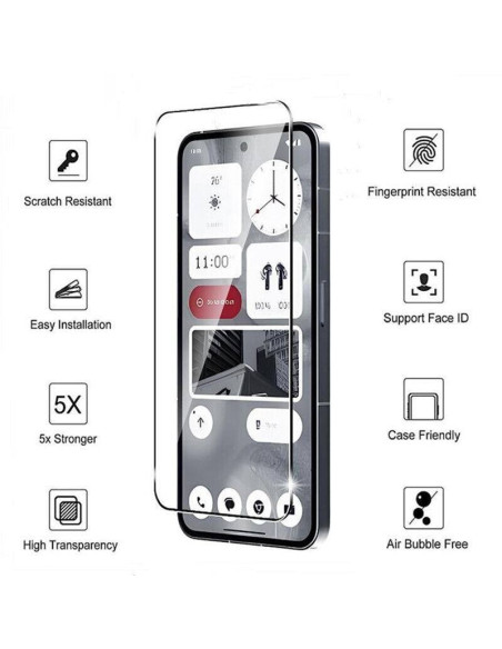 Detaljvy av härdat glas för Nothing Phone 2, visar skärmskyddets funktioner och hög transparens
