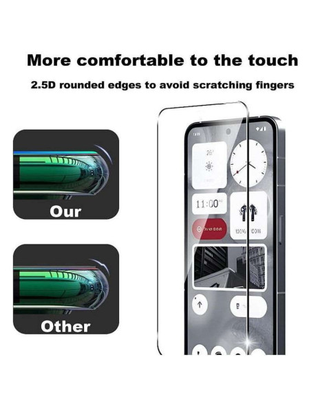 Närbild av härdat glas för Nothing Phone 2 med rundade kanter, visar skärmskyddets komfort och design