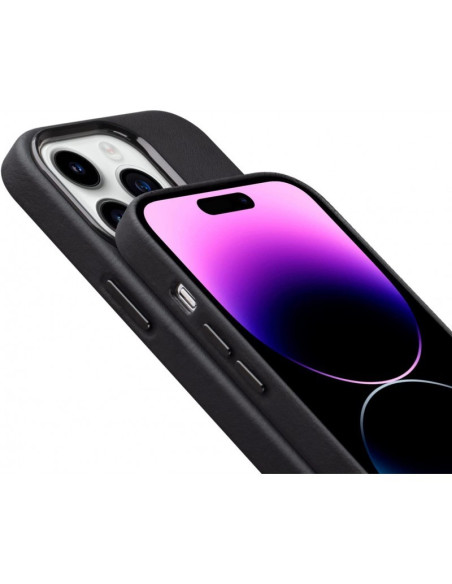 iPhone 11 Pro skal i mörkgrön veganläder, visat från sidan med skärmar och knappar