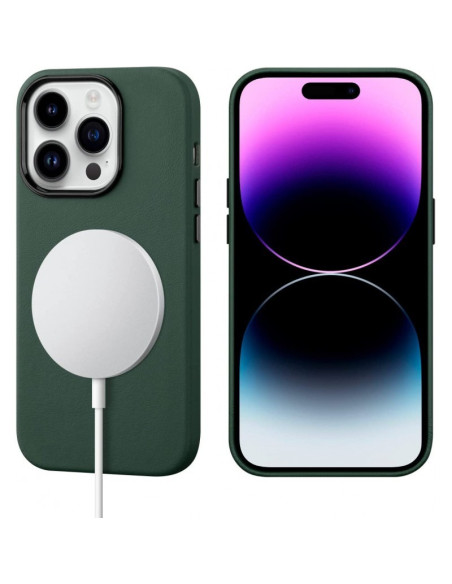 Mörkgrönt iPhone 11 Pro skal i veganläder med Magsafe, monterat på telefon med laddare