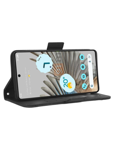 Google Pixel 8 plånboksfodral i svart PU-läder, stående vy med telefon monterad