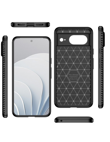 Google Pixel 8 skal i svart TPU med mönster, visat från flera vinklar inklusive framsidan och sidorna