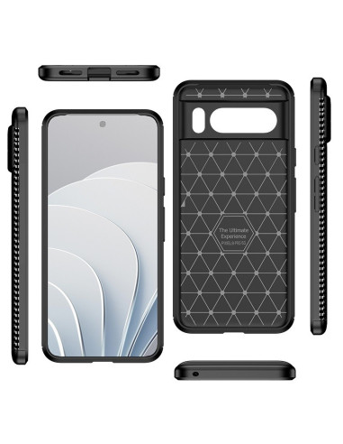 Framifrån vy av det svarta FullCarbon-skalet för Google Pixel 8 Pro, med skärm och insidan synlig